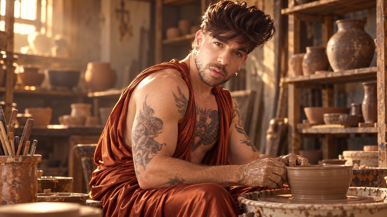 Mike Sain't Louis con túnica de satén teja modelando una vasija en el torno de un taller de cerámica (serie Tupé Grease, n.º 067)