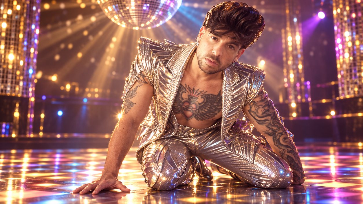 Mike Sain't Louis con traje plateado de lentejuelas arrodillado en una pista de baile iluminada bajo una bola de espejos (serie Tupé Grease, n.º 068)