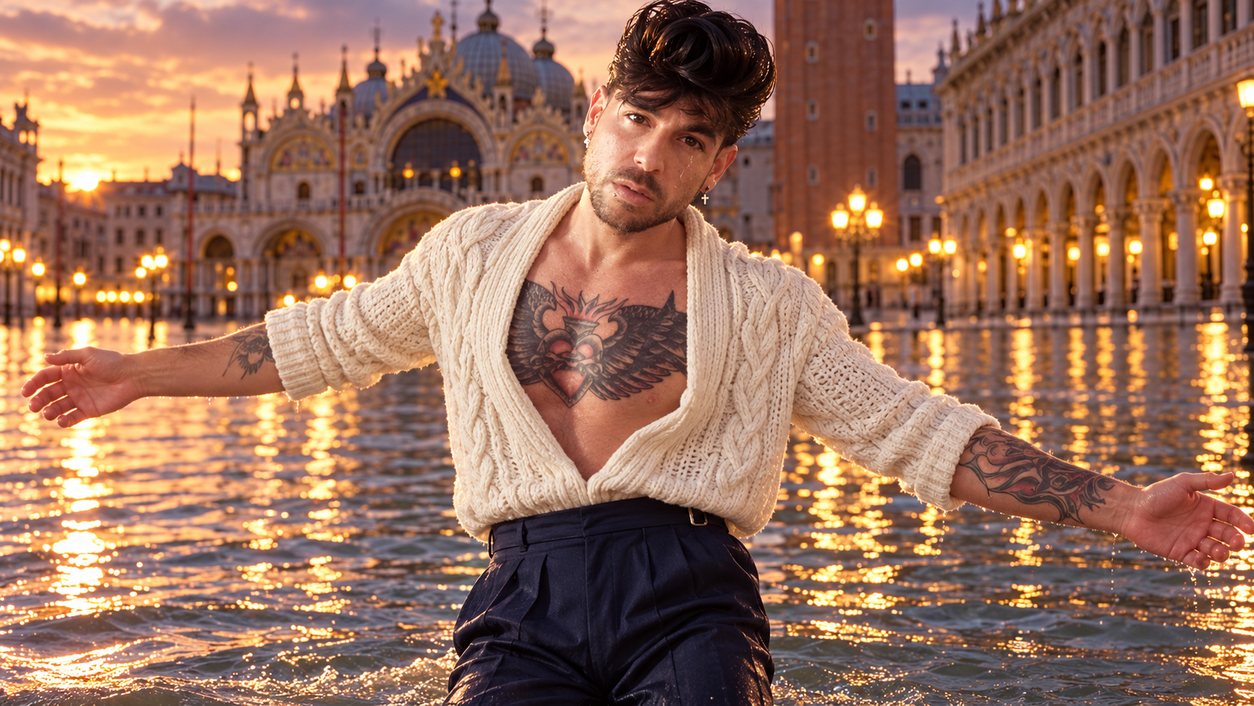 Mike Sain't Louis con cárdigan crema de punto y pantalón azul marino con los brazos abiertos en la plaza de San Marcos de Venecia inundada al atardecer (serie Tupé Grease, n.º 069)
