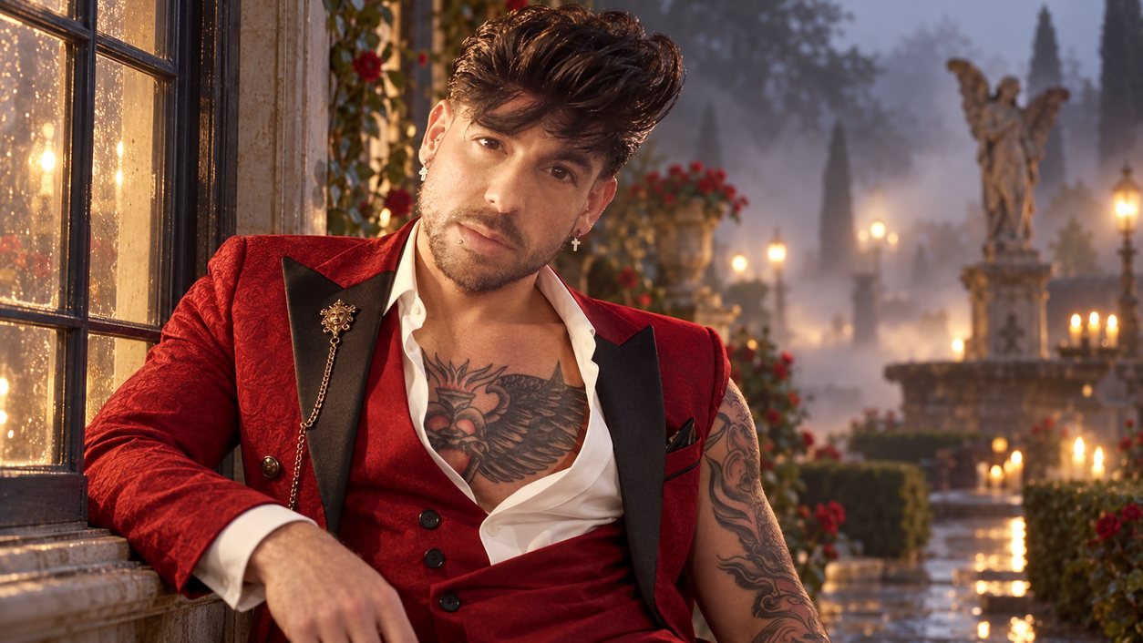 Mike Sain't Louis con traje rojo de tres piezas sentado en una ventana ante un jardín de noche con una fuente y la estatua de un ángel entre la niebla (serie Tupé Grease, n.º 070)