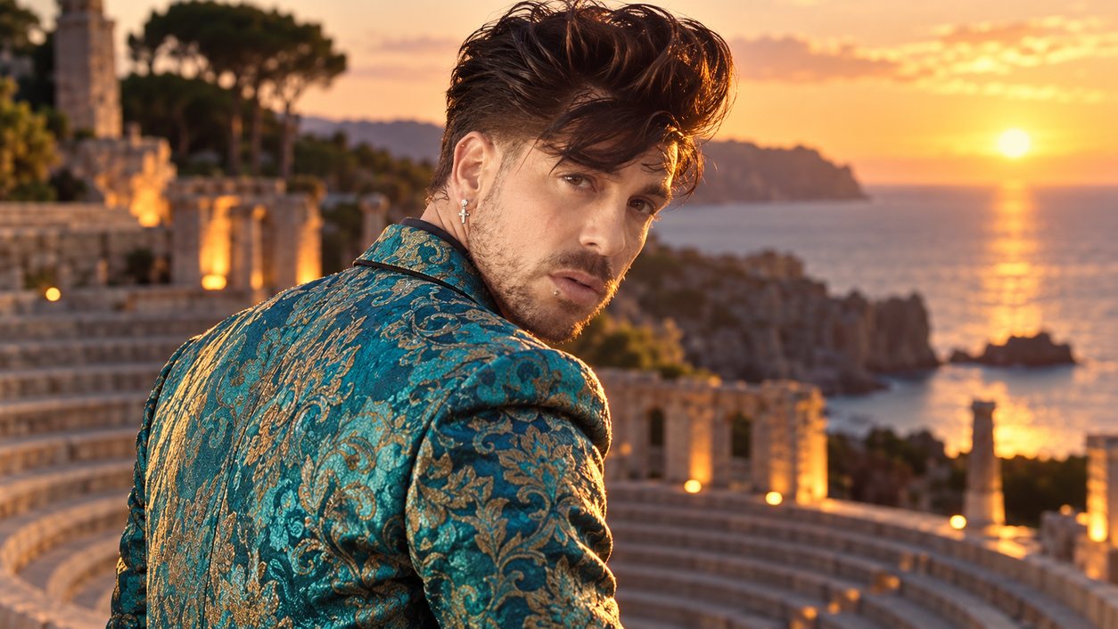 Mike Sain't Louis con chaqueta de brocado turquesa en las gradas de un anfiteatro antiguo frente al mar al atardecer (serie Tupé Grease, n.º 071)