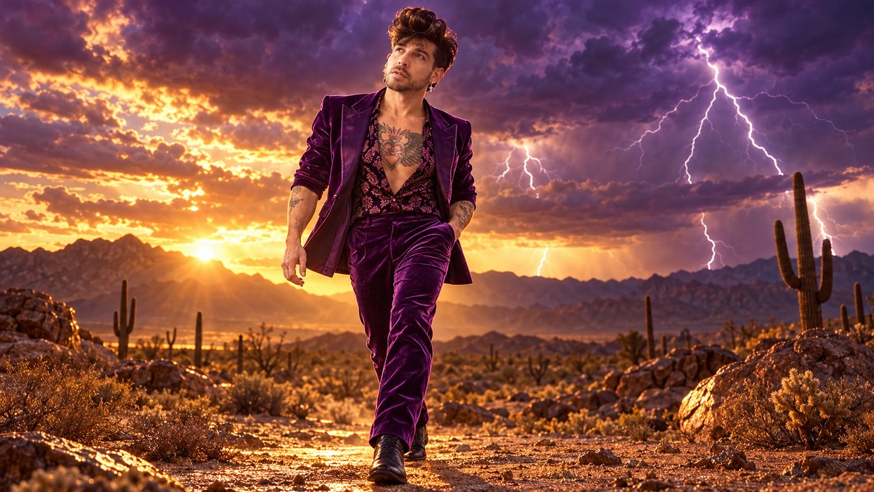Mike Sain't Louis con traje de terciopelo morado caminando por un desierto con cactus bajo una tormenta de rayos al atardecer (serie Tupé Grease, n.º 072)