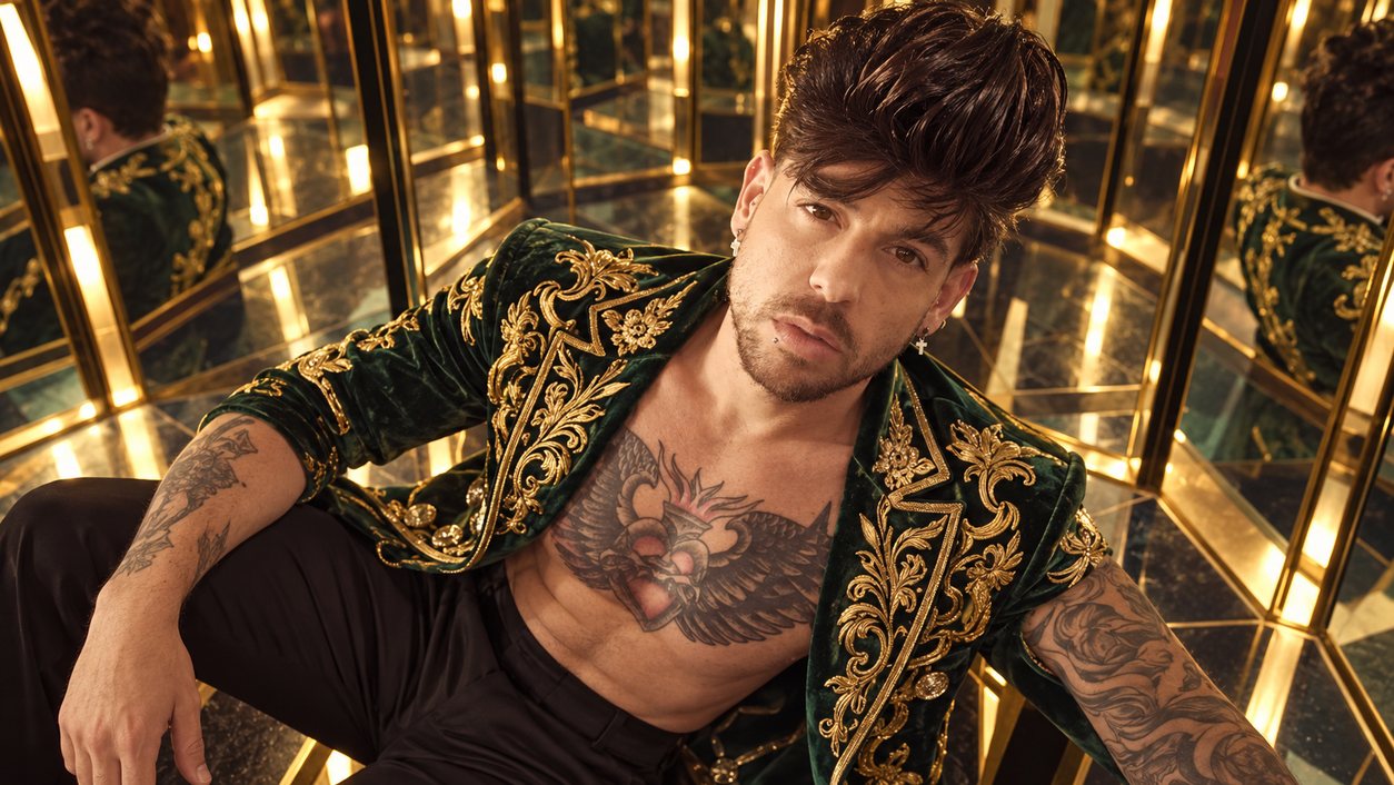 Mike Sain't Louis con chaqueta de terciopelo verde bordada en oro sentado en una sala de espejos dorados (serie Tupé Grease, n.º 073)