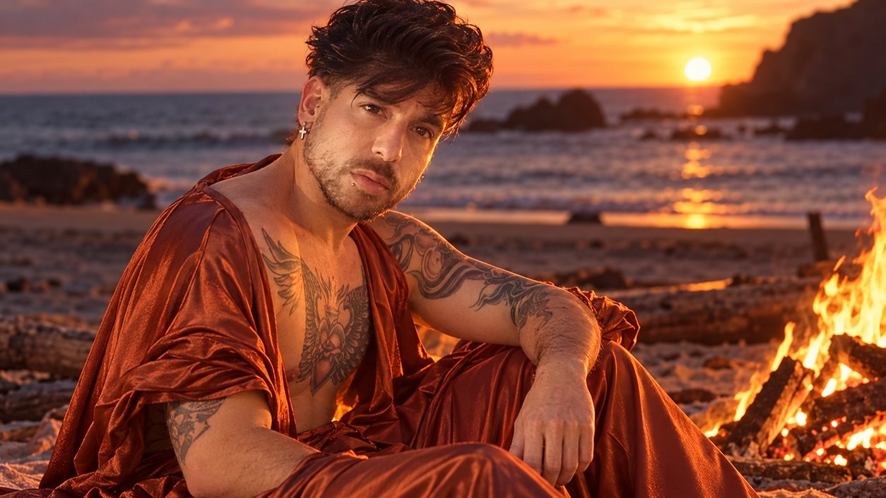 Mike Sain't Louis con túnica de satén teja sentado junto a una hoguera en la playa al atardecer (serie Tupé Grease, n.º 074)