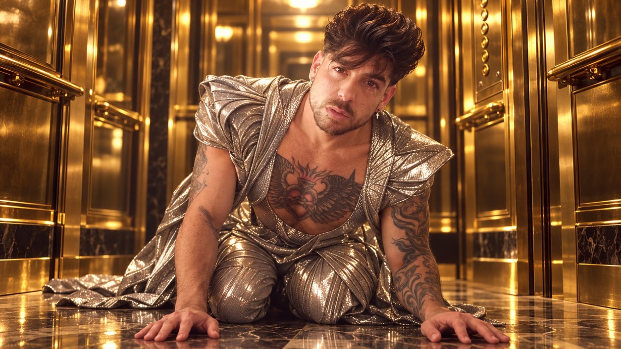 Mike Sain't Louis con traje plateado metalizado agachado en el suelo de un ascensor de paredes doradas (serie Tupé Grease, n.º 075)
