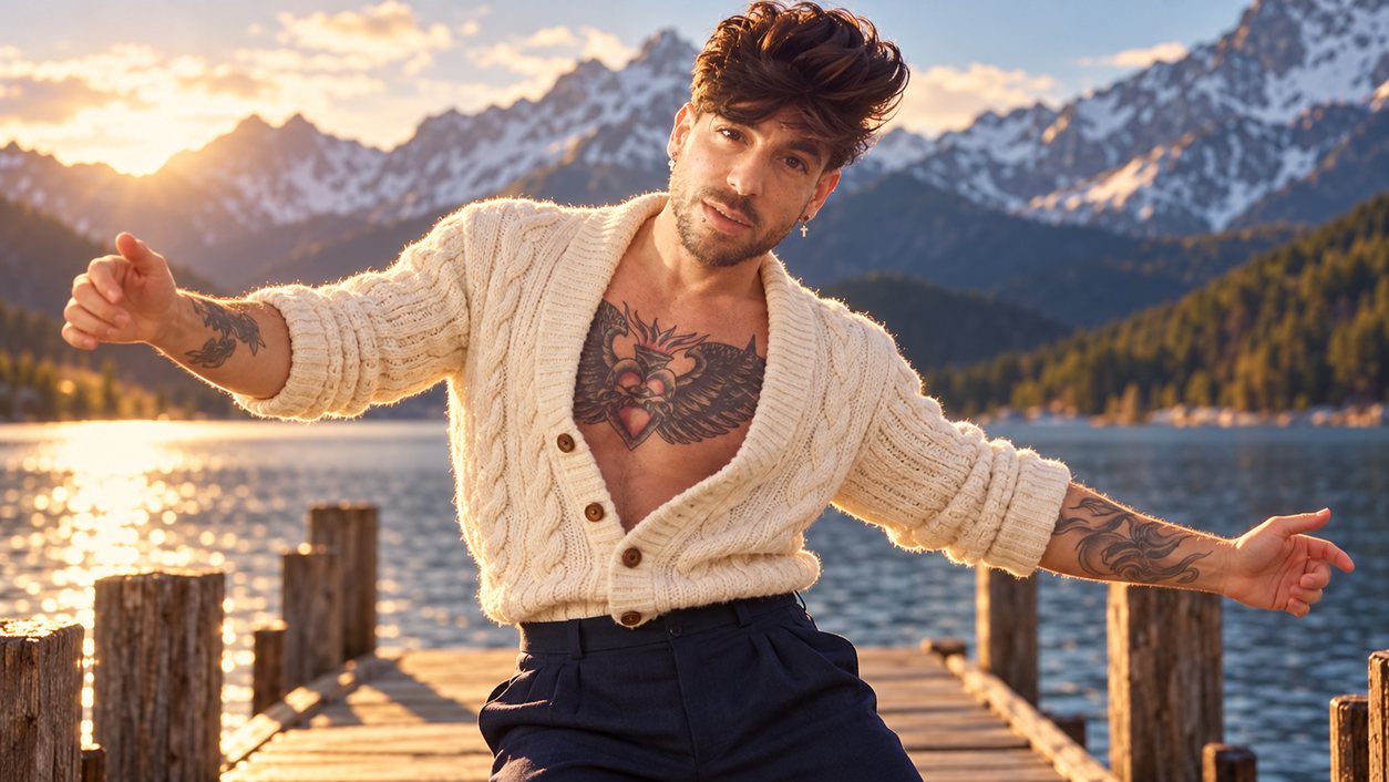 Mike Sain't Louis con cárdigan crema de punto en un embarcadero de madera en un lago de montaña (serie Tupé Grease, n.º 076)