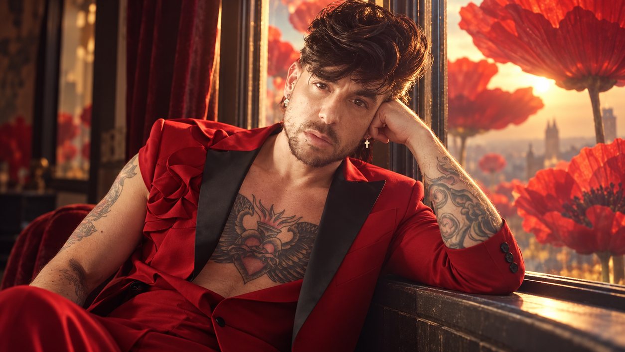 Mike Sain't Louis con traje de raso rojo junto a una ventana con amapolas gigantes al atardecer (serie Tupé Grease, n.º 077)