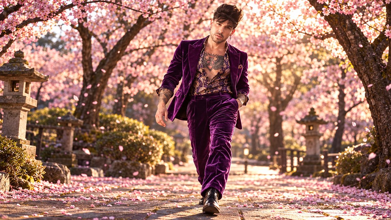 Mike Sain't Louis con traje de terciopelo morado caminando por un sendero entre cerezos en flor con faroles de piedra (serie Tupé Grease, n.º 079)