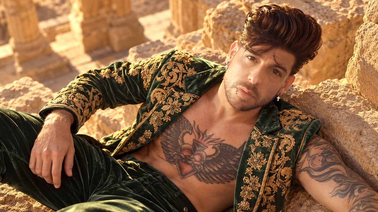 Mike Sain't Louis con traje de terciopelo verde bordado en oro recostado entre rocas de arenisca al sol (serie Tupé Grease, n.º 080)