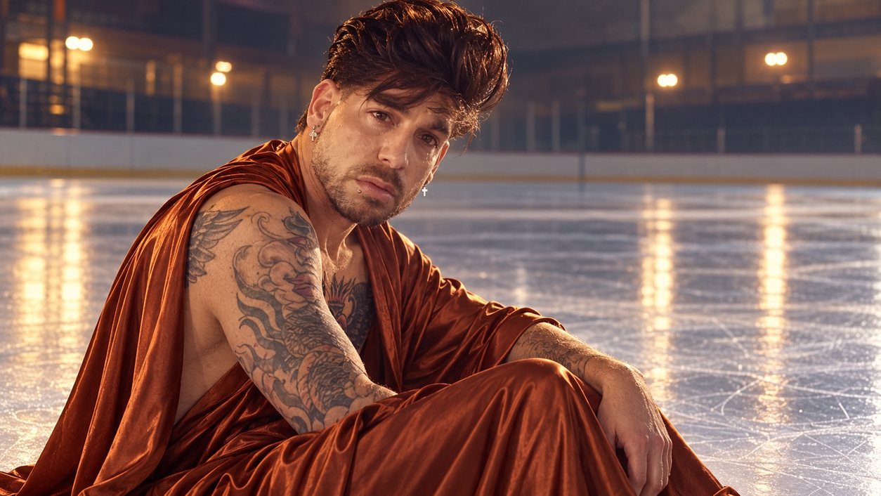 Mike Sain't Louis con túnica de satén teja sentado junto a una pista de hielo vacía (serie Tupé Grease, n.º 081)