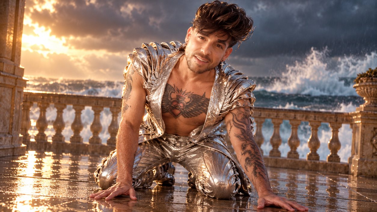 Mike Sain't Louis con traje plateado metalizado arrodillado en una terraza con balaustrada frente a un mar embravecido (serie Tupé Grease, n.º 082)