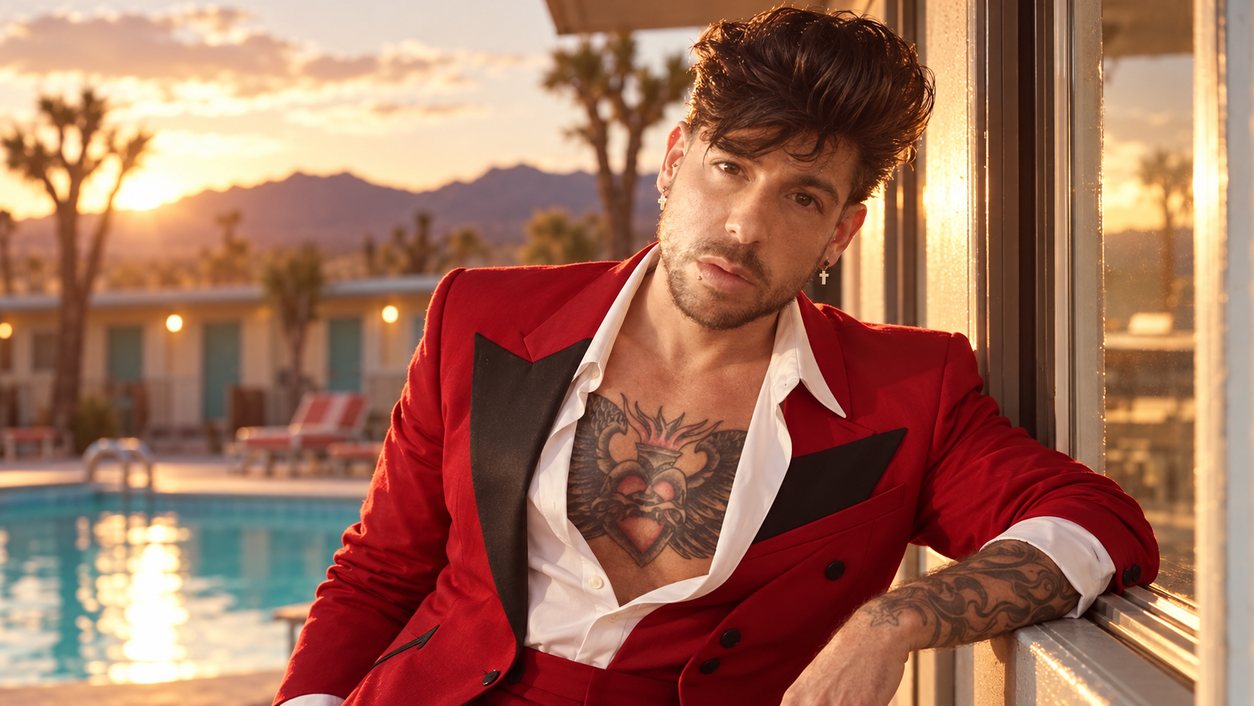 Mike Sain't Louis con americana roja de solapas negras asomado a la ventana de un motel del desierto con piscina al atardecer (serie Tupé Grease, n.º 084)