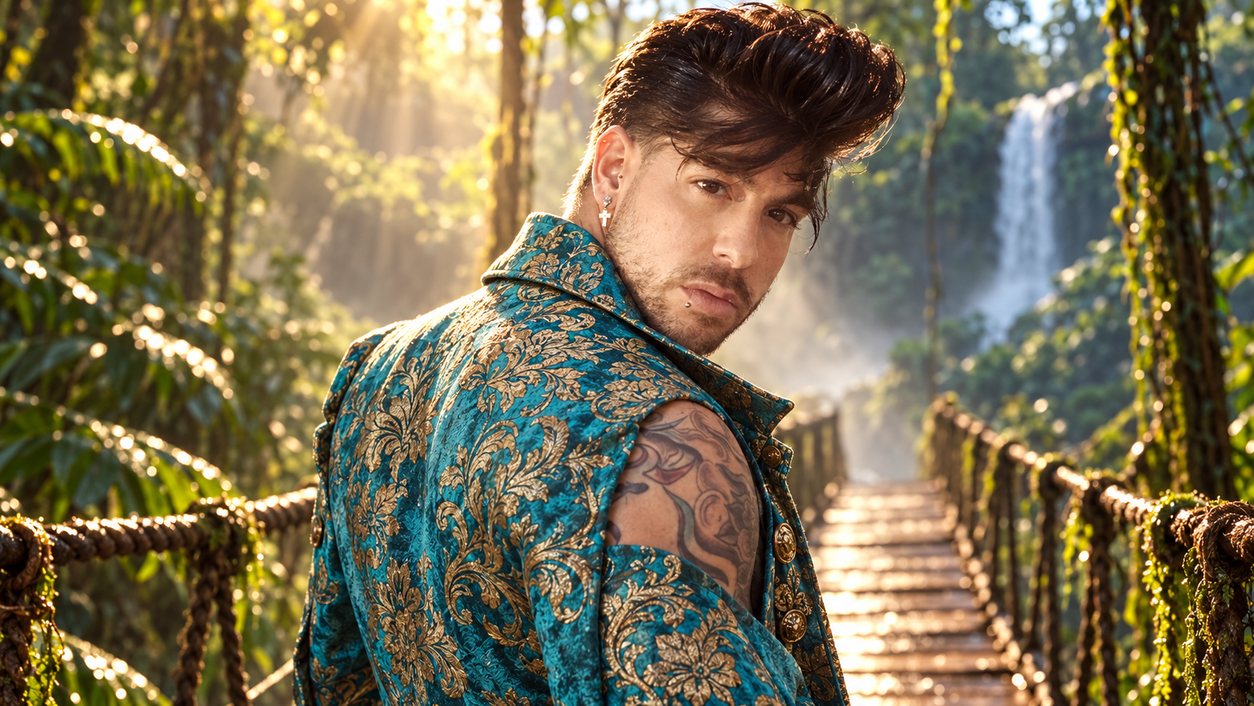 Mike Sain't Louis con chaqueta de brocado turquesa en un puente colgante de la selva con una cascada al fondo (serie Tupé Grease, n.º 085)