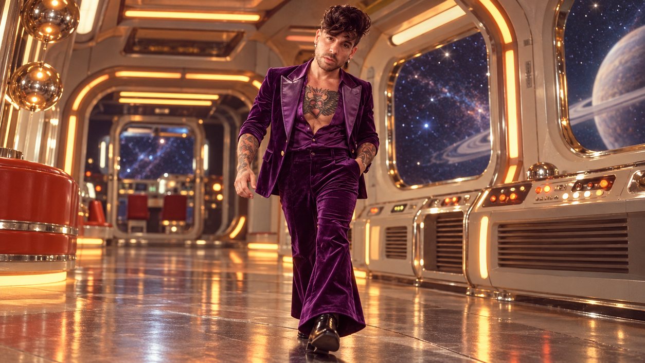 Mike Sain't Louis con traje de terciopelo morado caminando por el pasillo de una nave espacial con ventanas a las estrellas y a un planeta con anillos (serie Tupé Grease, n.º 086)