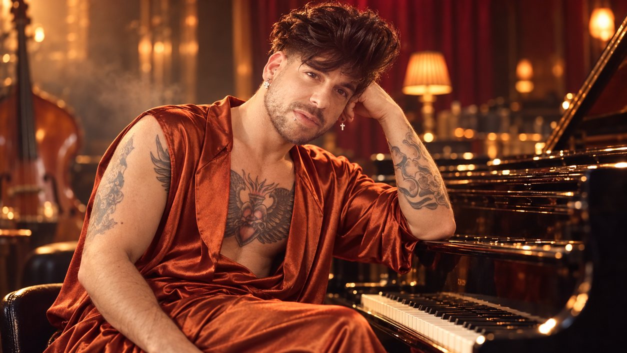 Mike Sain't Louis con túnica de satén teja sentado junto a un piano de cola en un salón de música (serie Tupé Grease, n.º 088)