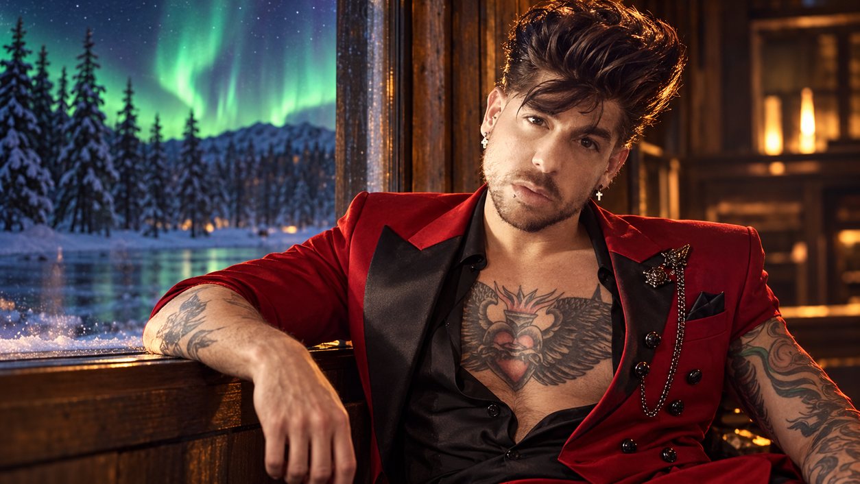Mike Sain't Louis con americana roja de solapas negras sentado junto a una ventana con una aurora boreal sobre un bosque nevado (serie Tupé Grease, n.º 091)