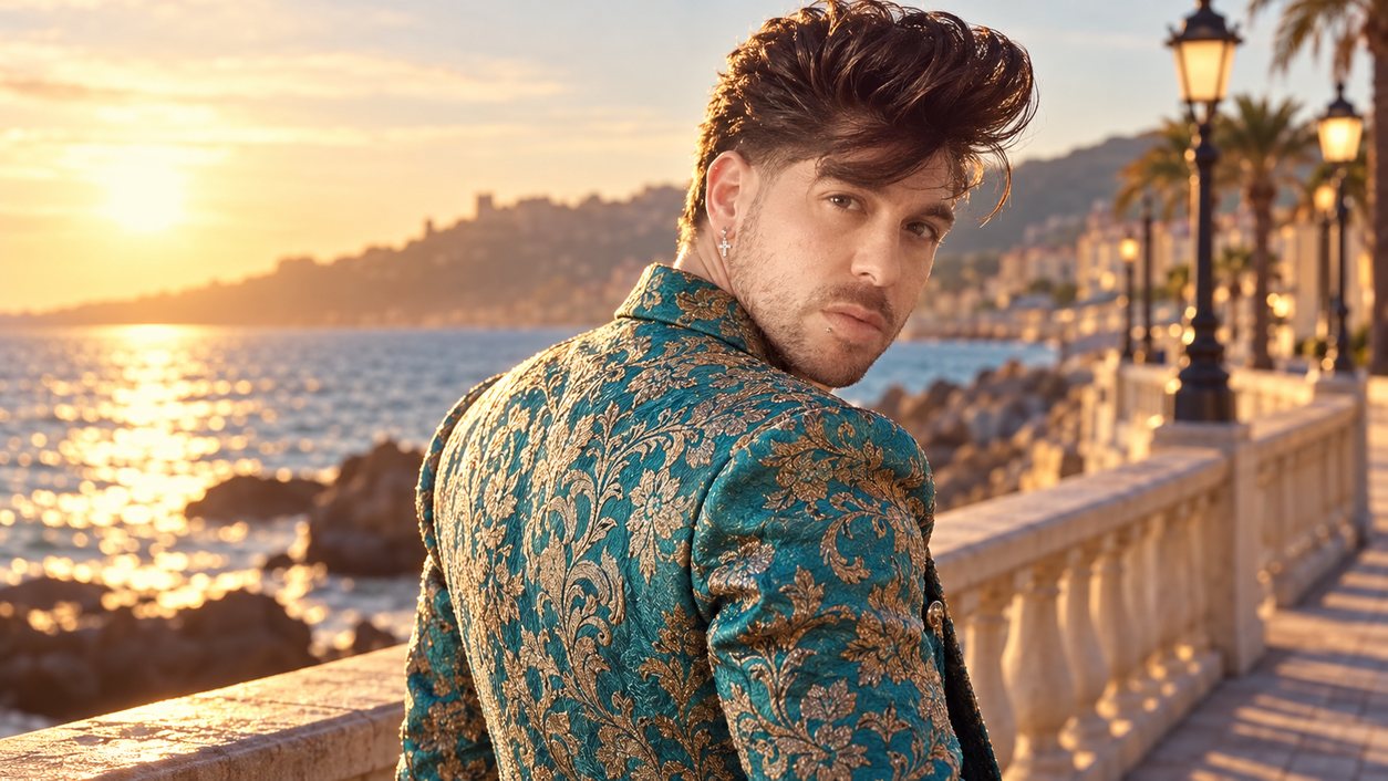 Mike Sain't Louis con chaqueta de brocado turquesa en un paseo marítimo con balaustrada y farolas al atardecer (serie Tupé Grease, n.º 092)