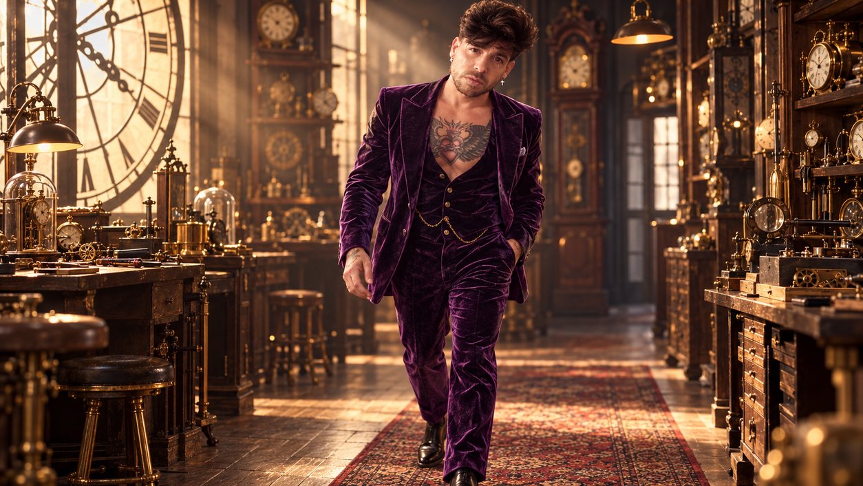 Mike Sain't Louis con traje de terciopelo morado caminando por un taller de relojes con una gran esfera de reloj (serie Tupé Grease, n.º 093)