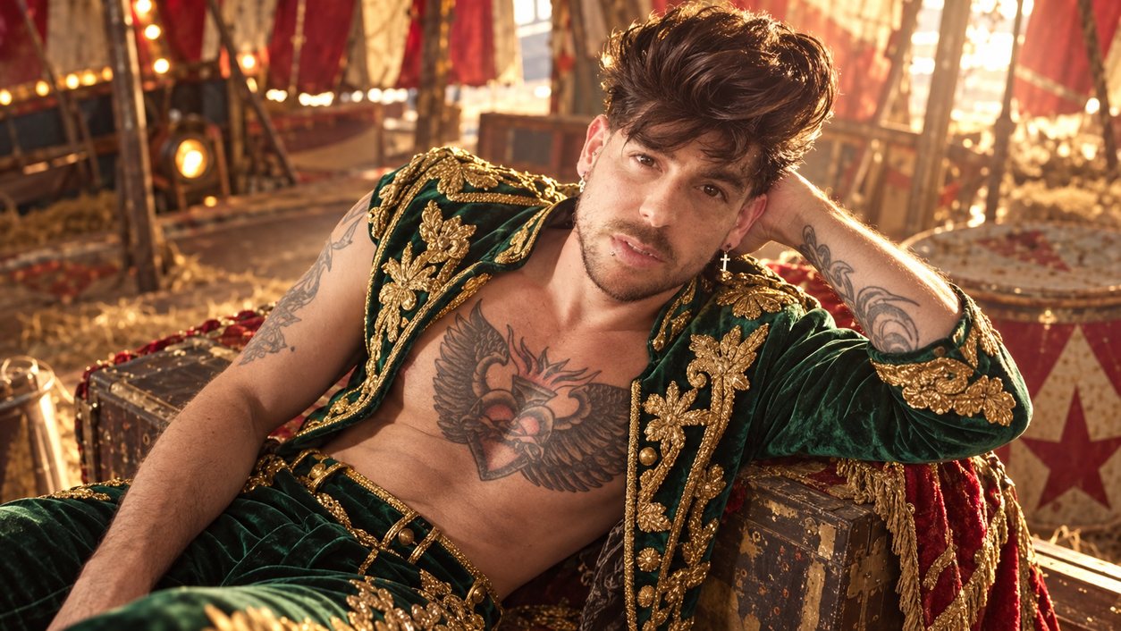Mike Sain't Louis con chaqueta de terciopelo verde bordada en oro recostado sobre un baúl bajo una carpa de circo (serie Tupé Grease, n.º 094)