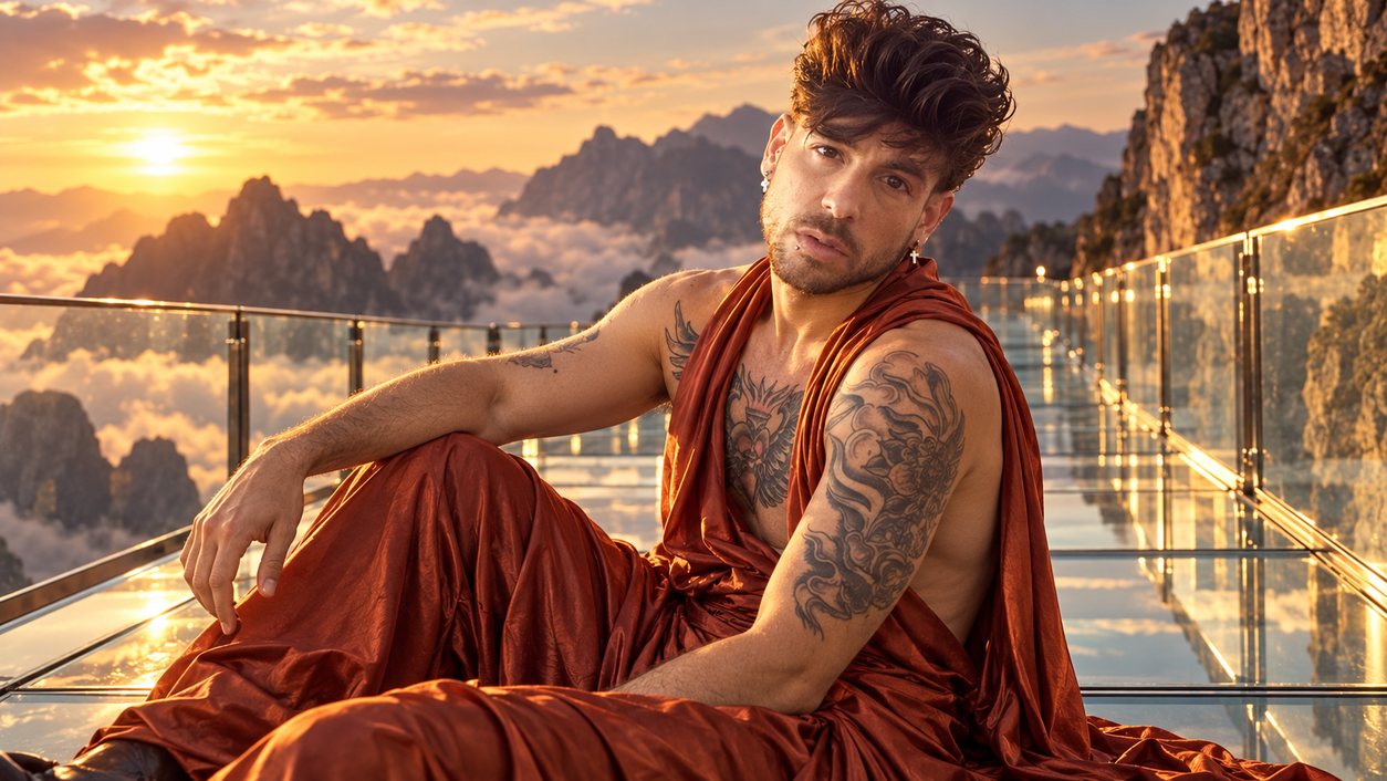 Mike Sain't Louis con túnica de satén teja sentado en un mirador de cristal sobre un mar de nubes y montañas al atardecer (serie Tupé Grease, n.º 095)