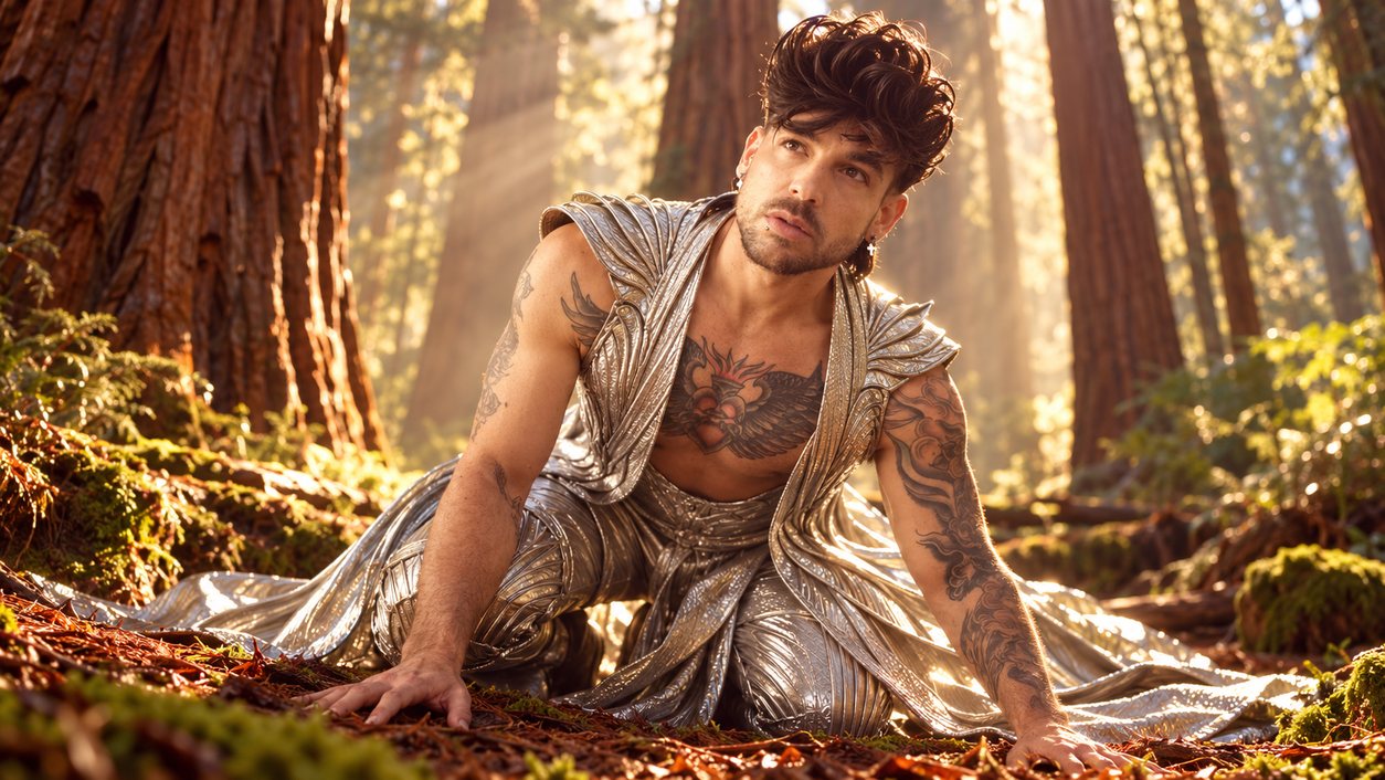 Mike Sain't Louis con traje plateado agachado sobre el musgo en un bosque de secuoyas atravesado por la luz (serie Tupé Grease, n.º 096)