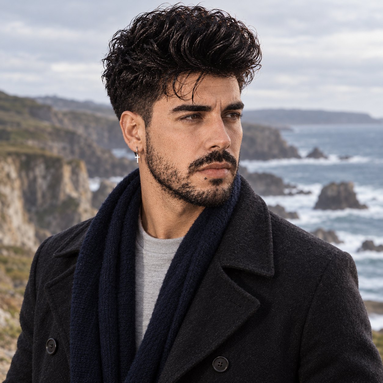 Retrato de Mike Sain't Louis, hombre de pelo negro rizado y barba, con abrigo de paño negro, bufanda azul marino y jersey gris, mirando hacia un lado ante unos acantilados y un mar con espuma blanca.