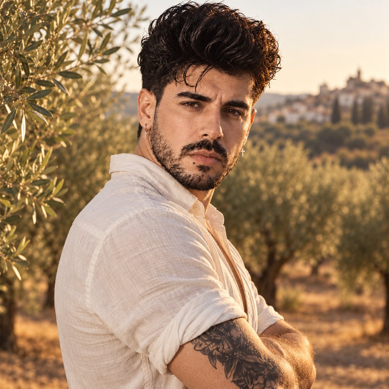 Mike Sain't Louis, hombre de cabello negro rizado y barba, con camisa blanca de lino arremangada y un tatuaje en el antebrazo, posa entre olivos con un pueblo blanco y cipreses desenfocados al fondo.