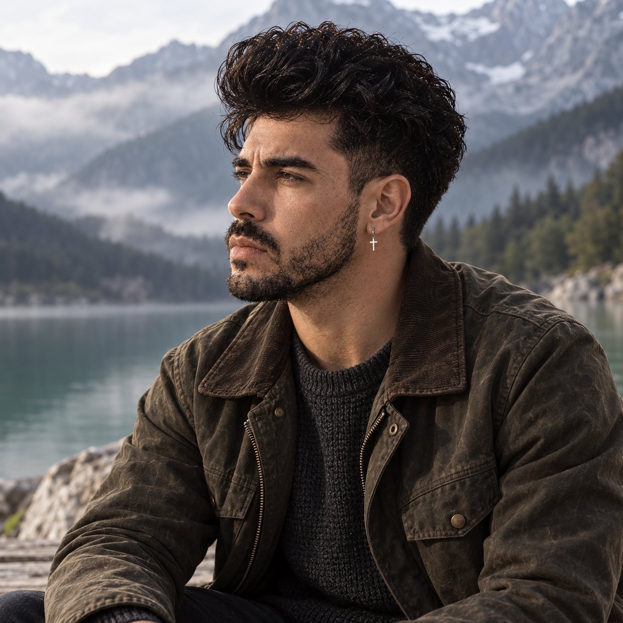 Mike Sain't Louis, hombre de pelo negro rizado y barba, con campera marrón de tela encerada y pulóver oscuro, sentado sobre una roca junto a un lago verdoso, con montañas nevadas y niebla de fondo.