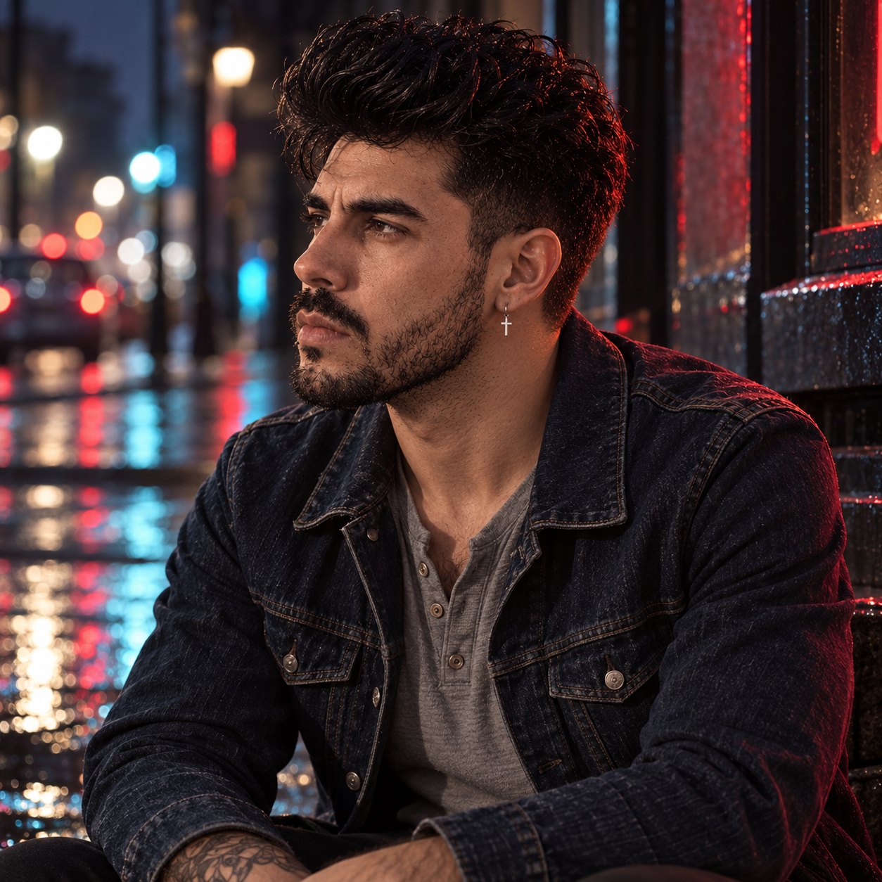Mike Sain't Louis, hombre de cabello negro rizado y barba, con chaqueta de mezclilla oscura y camiseta gris, sentado en la acera de una calle urbana lluviosa de noche, con luces de neón rojas y semáforos desenfocados reflejados en el pavimento.