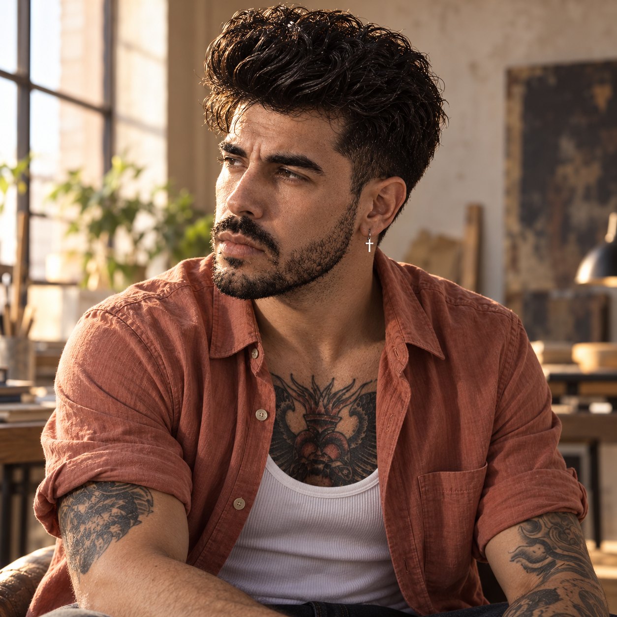 Hombre de pelo negro rizado y barba corta, con camisa de lino color teja abierta sobre una camiseta blanca de tirantes y tatuajes en el pecho y los brazos, sentado en un taller luminoso con un ventanal, plantas y tablones de madera al fondo, mirando hacia su derecha.