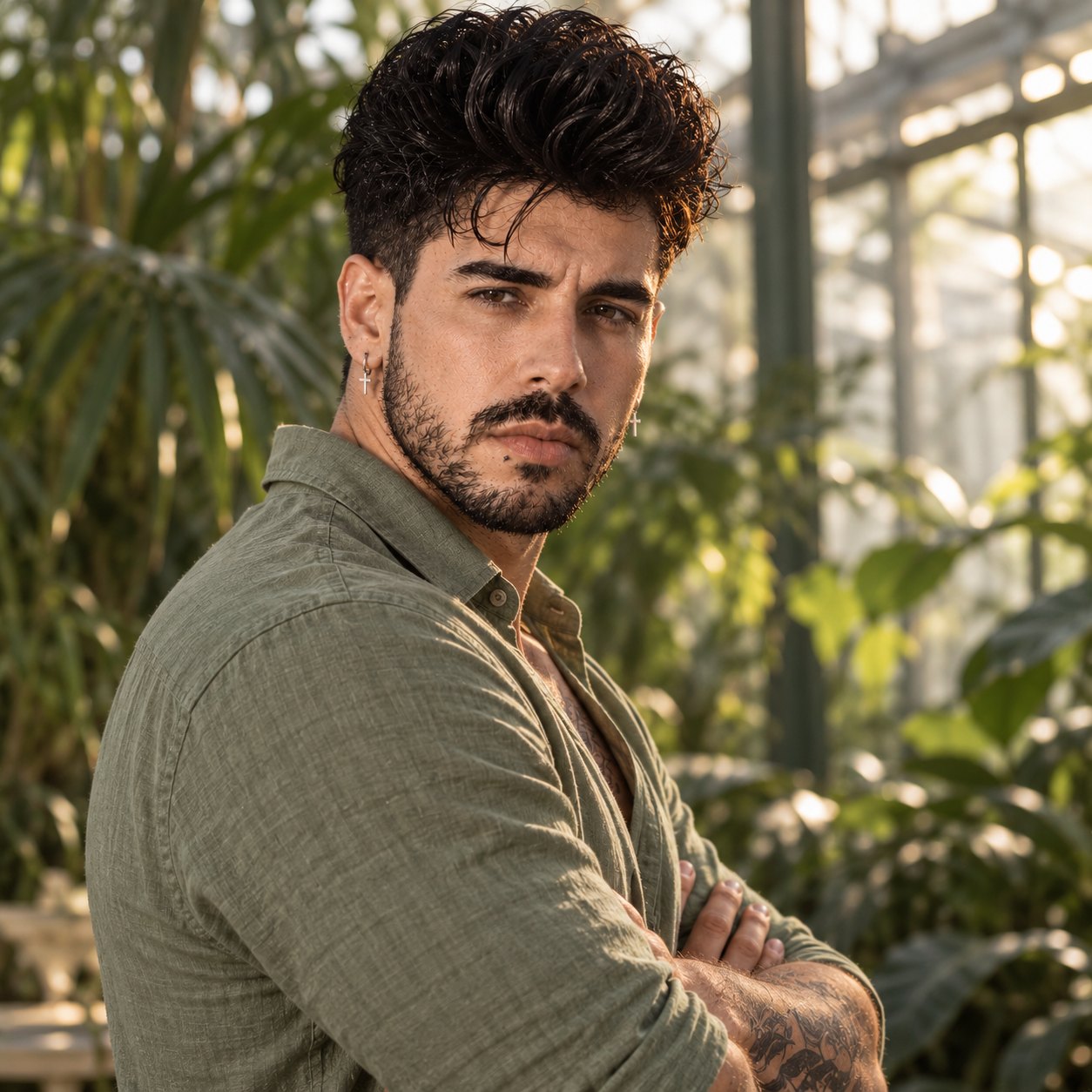 Homem de cabelo preto cacheado e barba curta, com camisa de linho verde-oliva e braços tatuados cruzados, olhando diretamente para a câmera dentro de uma estufa com estrutura de ferro e vidro, cercado de plantas tropicais iluminadas pelo sol.