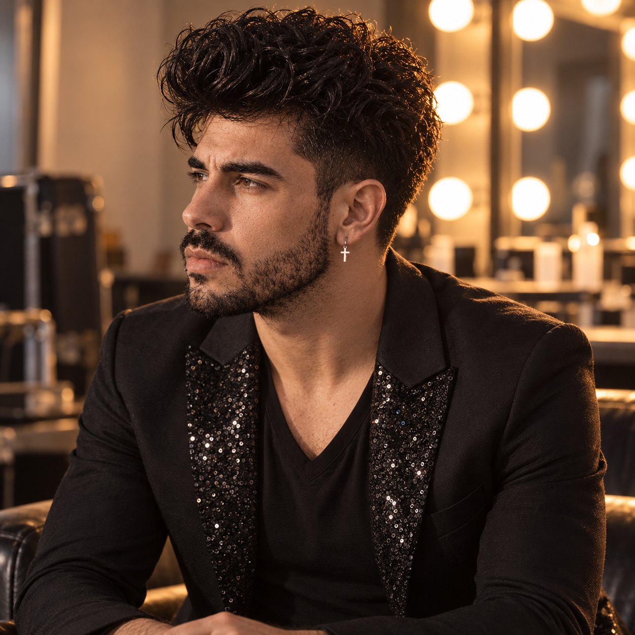 Homem de cabelo preto encaracolado e barba curta, com casaco preto de lapelas cobertas de lantejoulas e t-shirt preta de decote em V, sentado num sofá de pele num camarim, a olhar para o lado; ao fundo, um espelho de maquilhagem com lâmpadas acesas e caixas de transporte de material.