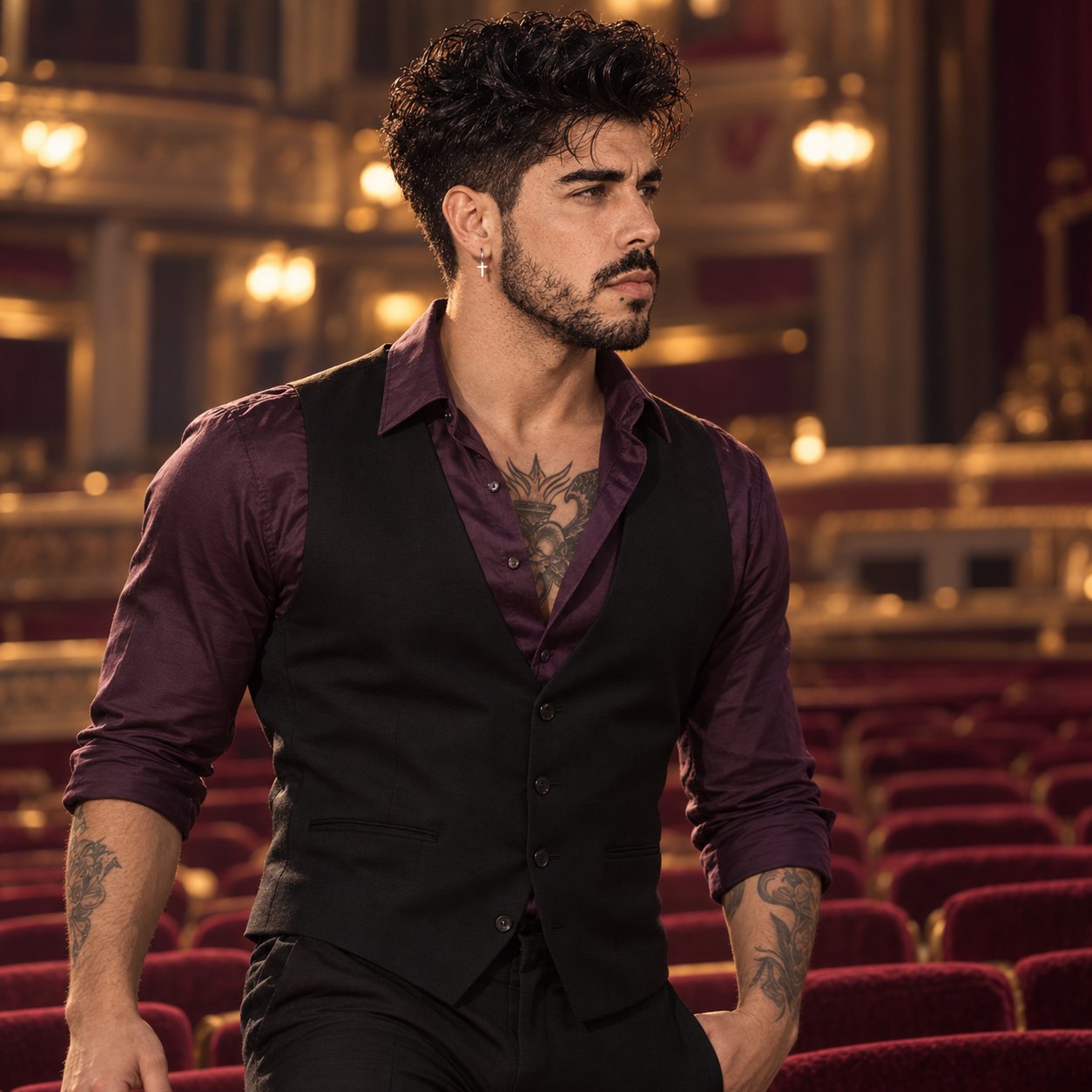 Homme aux cheveux noirs bouclés et à la barbe courte, vêtu d'un gilet noir et d'une chemise prune aux manches retroussées laissant voir des tatouages, debout parmi des fauteuils de velours rouge dans une salle de théâtre aux balcons dorés éclairés par des lustres, le regard tourné vers la droite.