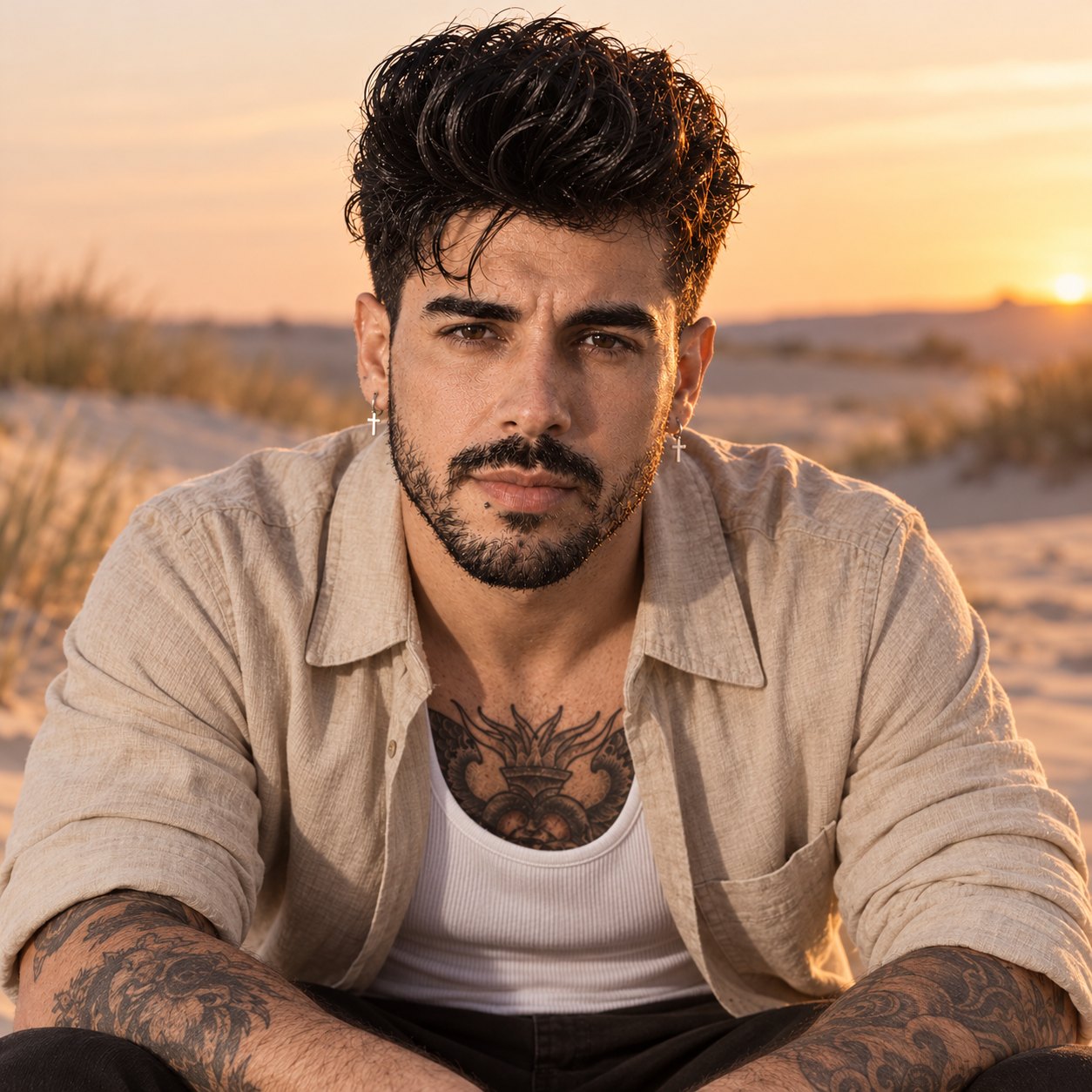 Uomo dai capelli neri ricci e barba corta, con camicia di lino beige aperta su una canottiera bianca e tatuaggi sul petto e sulle braccia, seduto sulla sabbia tra dune e ciuffi d'erba secca, con il sole che tramonta all'orizzonte alle sue spalle in un cielo arancione.