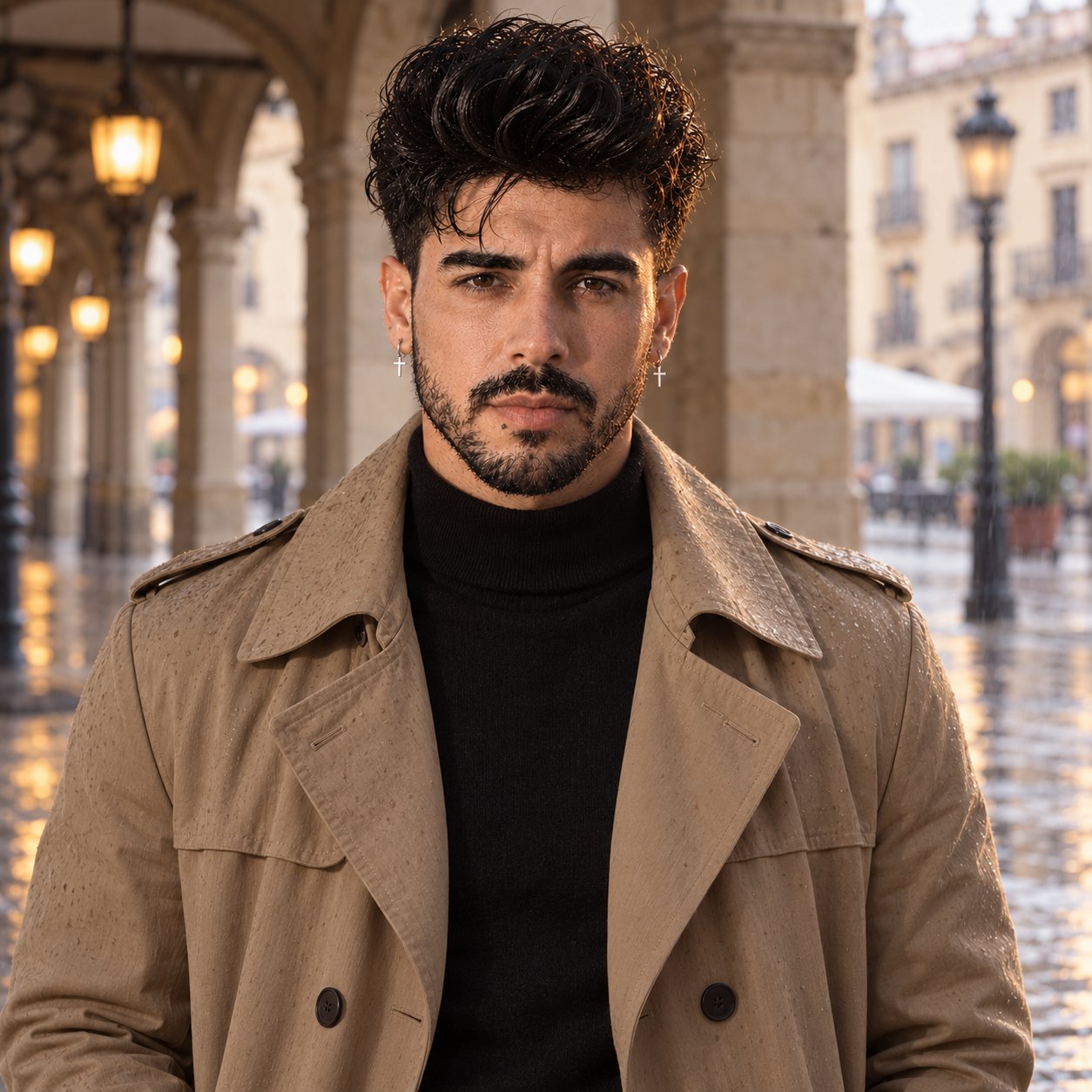 Porträt eines Mannes mit dunklem, lockigem Haar und kurzem Bart in einem beigen, von Regentropfen bedeckten Trenchcoat und schwarzem Rollkragenpullover, der unter steinernen Arkaden mit leuchtenden Laternen steht; im Hintergrund glänzt nasses Pflaster.