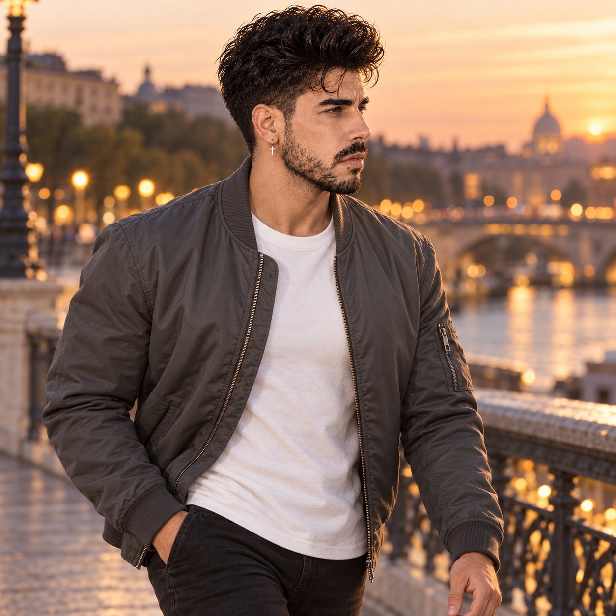 A man with dark curly hair and a short beard walks along a stone bridge with an ornate iron railing at sunset, wearing a grey bomber jacket over a white T-shirt and dark trousers; behind him a river reflects golden street lamps and a domed building stands against an orange sky.
