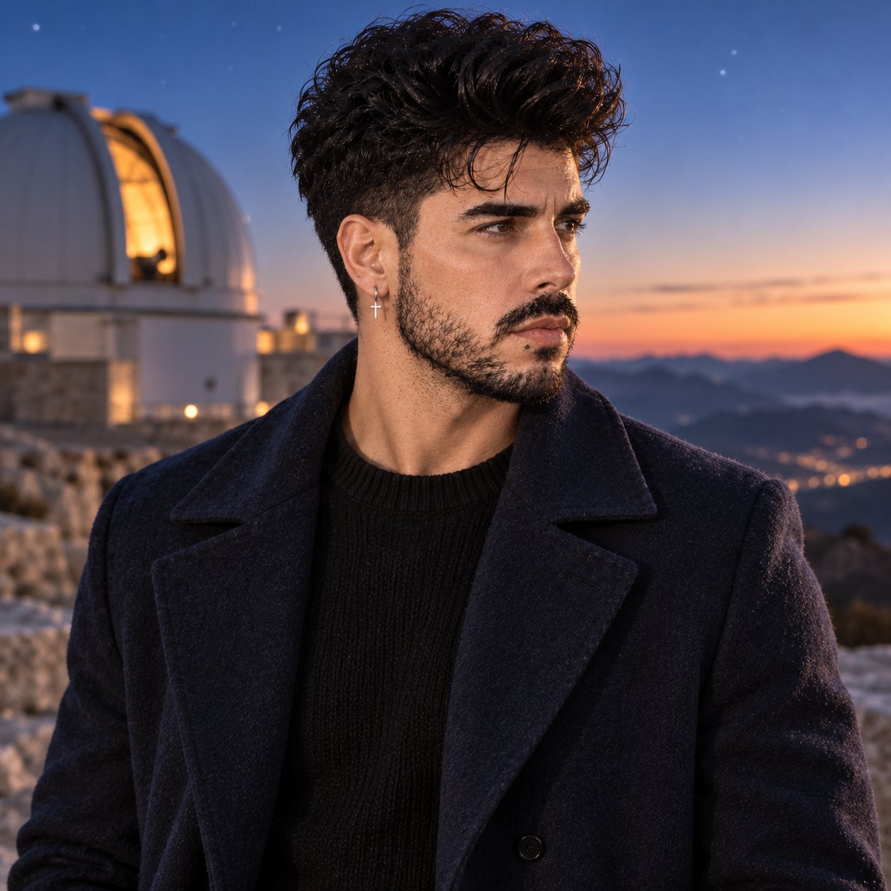 A man with dark curly hair and a short beard, wearing a dark navy wool coat over a black knit sweater, looks to the side at twilight; behind him a white observatory dome glows from its open slit, the sky shades from deep blue with a few stars to orange at the horizon, and mountain ridges and distant town lights spread out below.